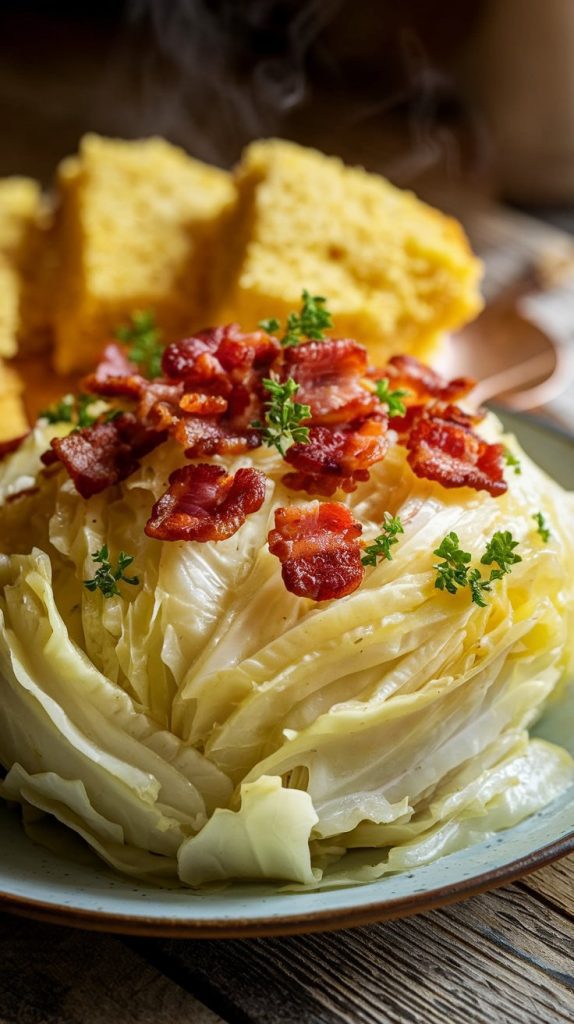 a steaming plate of smothered cabbage served with cornbread slices on the side