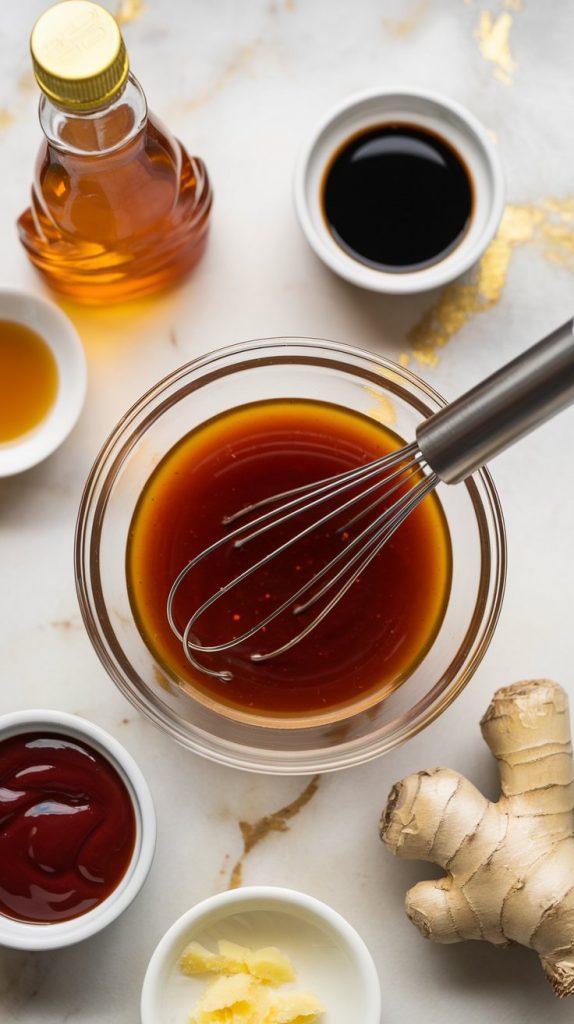 a glass bowl filled with a honey garlic sauce, with a whisk resting in the bowl