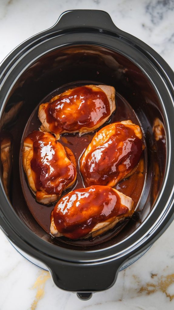 Chicken breasts in the Crockpot, fully coated with a rich, glossy BBQ sauce mixture poured over them