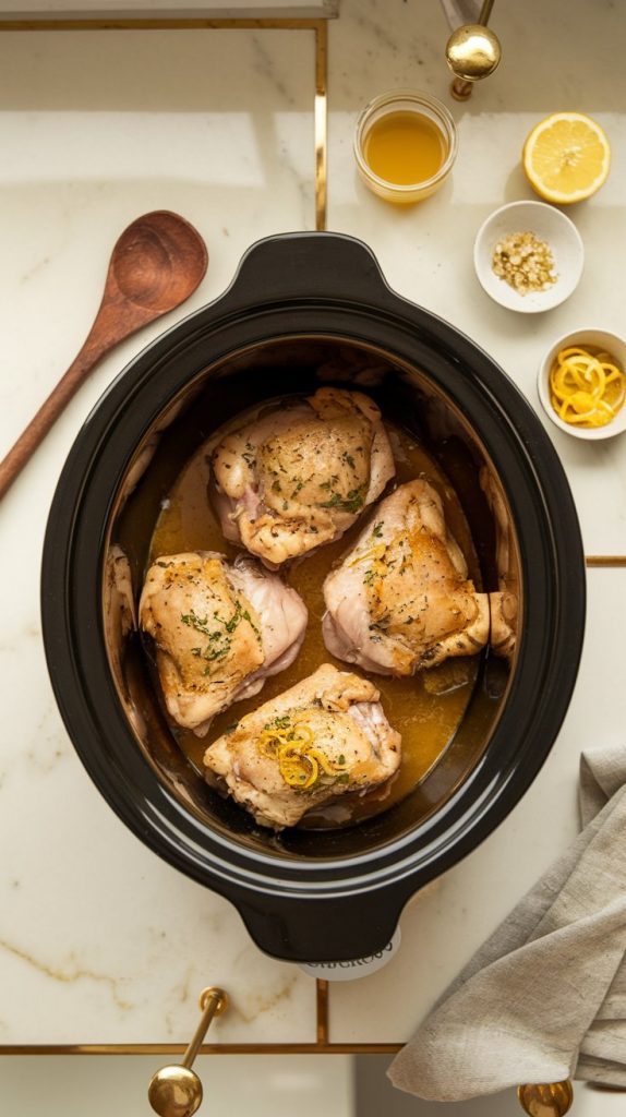 Chicken thighs arranged in a crockpot with chicken broth, lemon juice, minced garlic