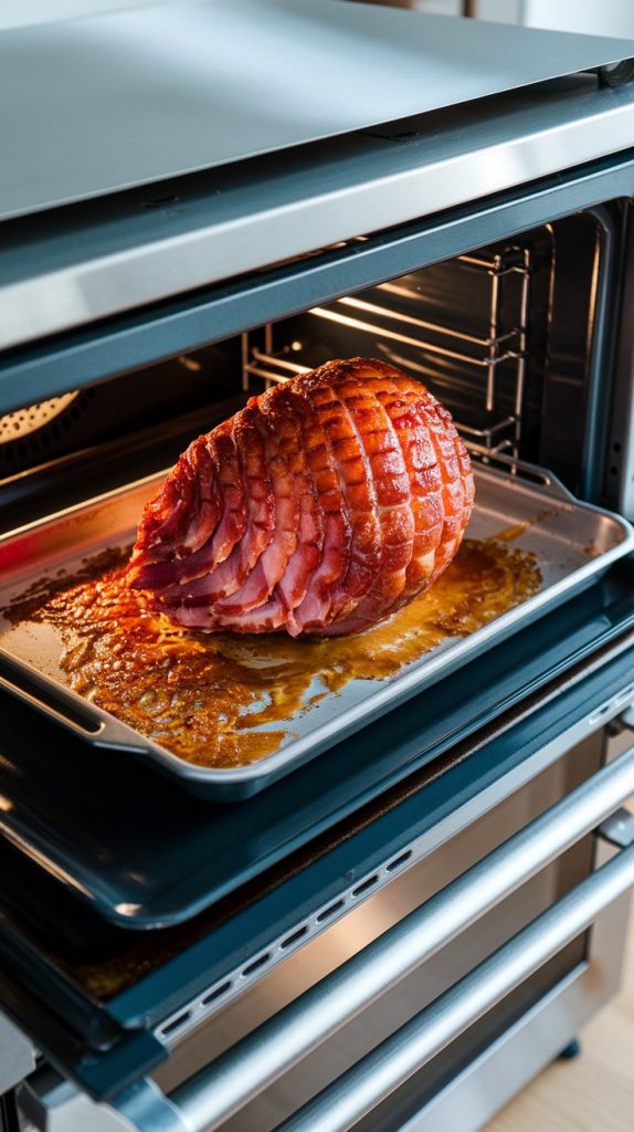 A baking sheet with a glazed spiral-cut ham under the broiler