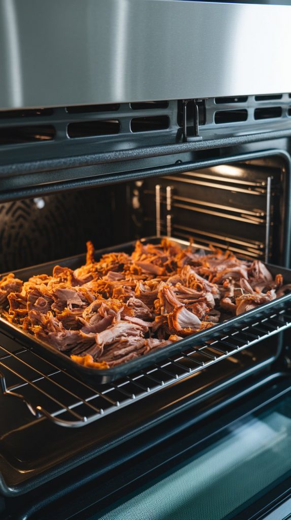 A baking sheet with shredded pork under a broiler, edges crispy and golden