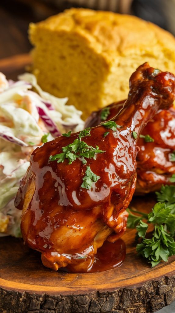 A beautifully plated dish of BBQ chicken drumsticks, glistening with sauce and garnished with fresh parsley