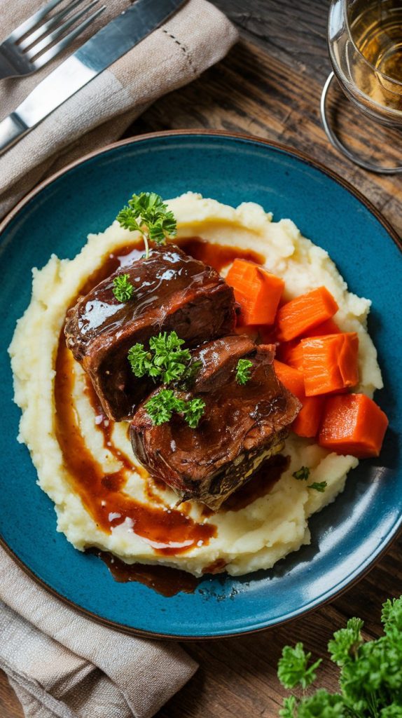 A beautifully plated dish of red wine-braised short ribs served over creamy mashed potatoes