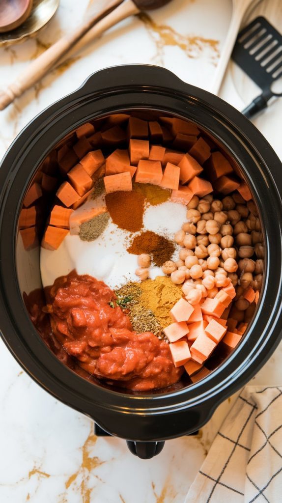 All ingredients for sweet potato curry—diced sweet potatoes, chickpeas, canned tomatoes, coconut milk, spices