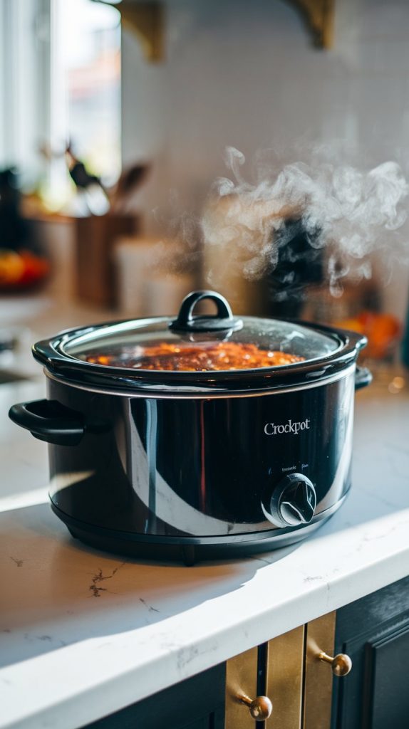 a black crockpot with the lid on