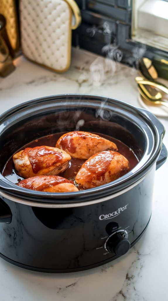 a black Crockpot with tender chicken breasts simmering in BBQ sauce, steam lightly rising