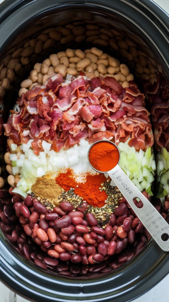 All ingredients—beans, bacon, onions, garlic, and spices—layered in a black slow cooker pot