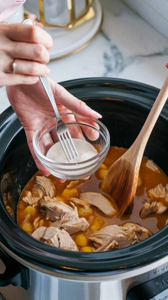 A small bowl with cornstarch and water being mixed with a fork