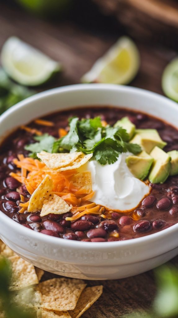 A bowl of black bean soup served with sour cream, shredded cheese, diced avocado