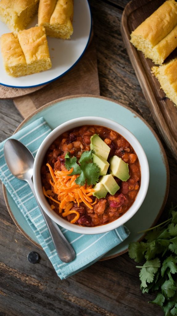 A bowl of chili garnished with shredded cheese, diced avocado, and fresh cilantro