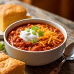 A bowl of finished chili served on a rustic wooden table