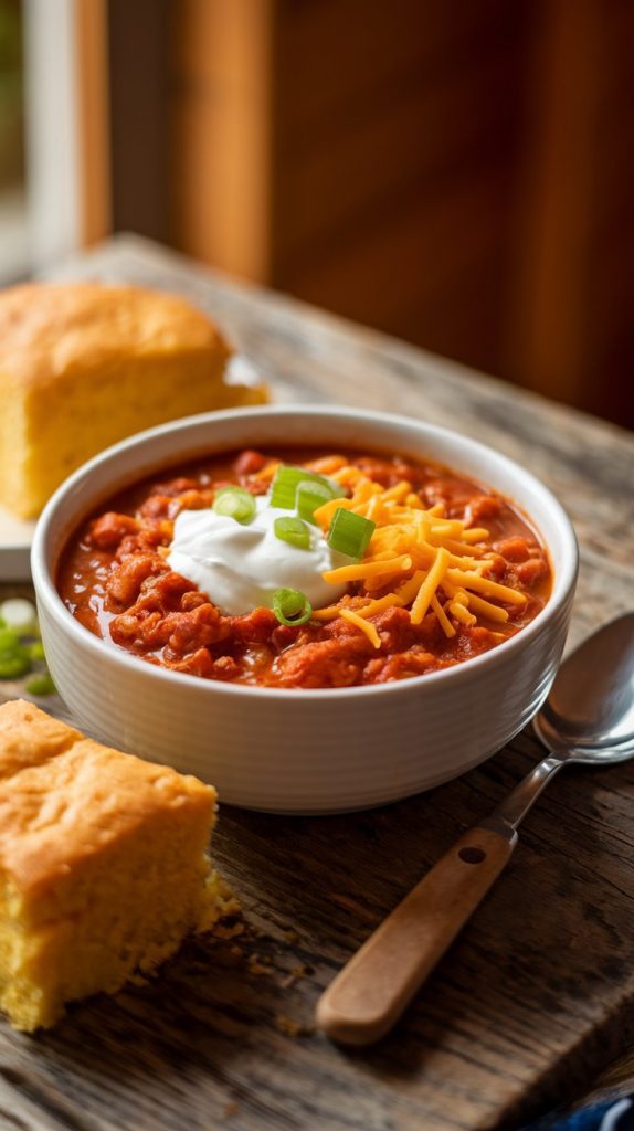 A bowl of finished chili served on a rustic wooden table