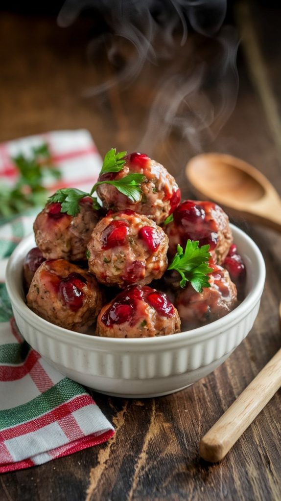 A bowl of cranberry-glazed meatballs garnished with parsley