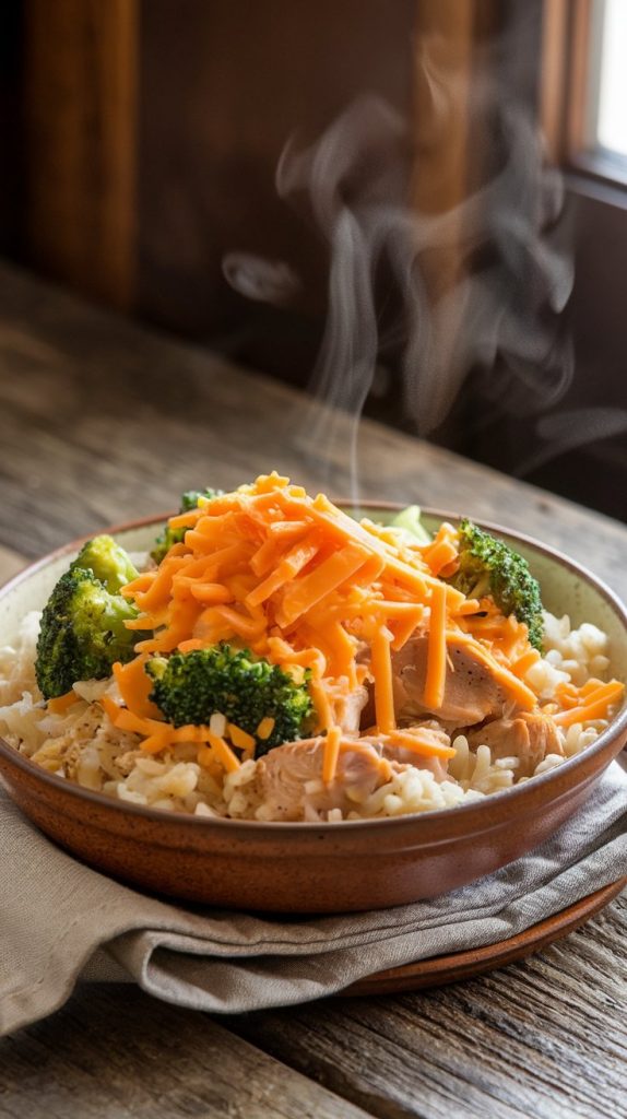 A bowl of creamy cheesy chicken broccoli rice served hot