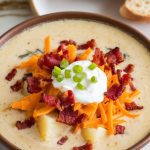 A bowl of creamy baked potato soup being garnished with bacon, sour cream, cheese, and green onions