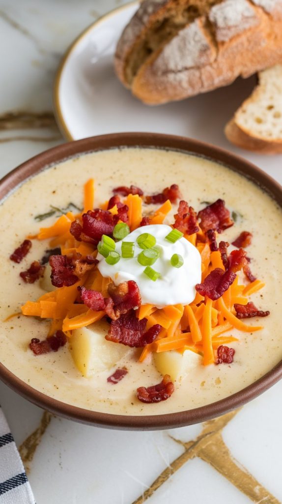 A bowl of creamy baked potato soup being garnished with bacon, sour cream, cheese, and green onions