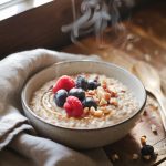 A beautiful bowl of creamy oatmeal served warm, topped with fresh berries, chopped nuts