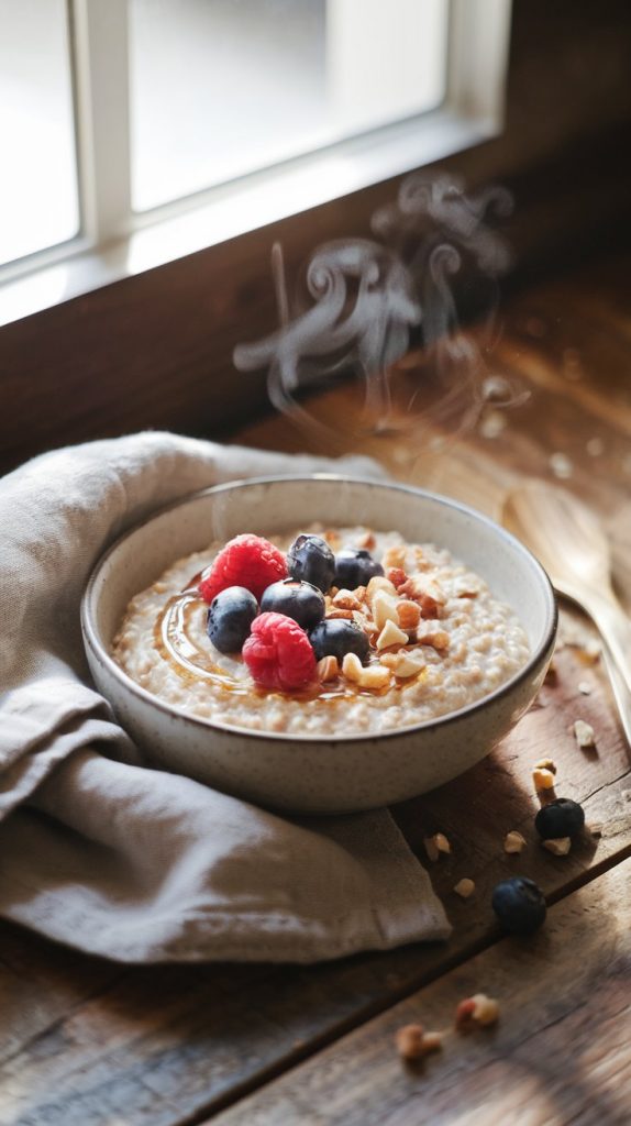 A beautiful bowl of creamy oatmeal served warm, topped with fresh berries, chopped nuts