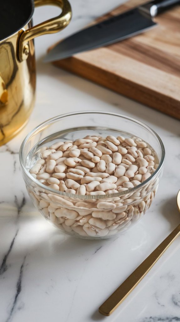 A bowl of dried white beans soaking in water