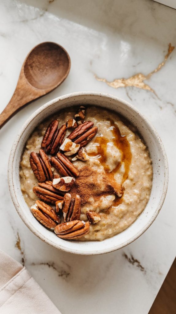 A bowl of freshly served pumpkin spice oatmeal, topped with chopped pecans, maple syrup