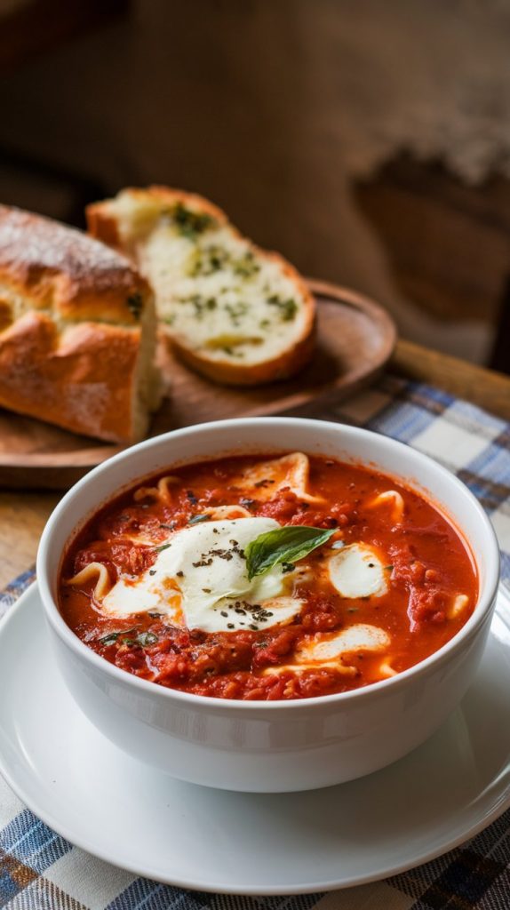 Bowl of lasagna soup topped with ricotta, mozzarella, Parmesan, and fresh basil