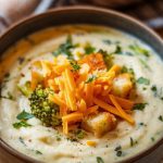 Bowl of potato broccoli cheddar soup, topped with shredded cheddar cheese, crispy croutons, and parsley