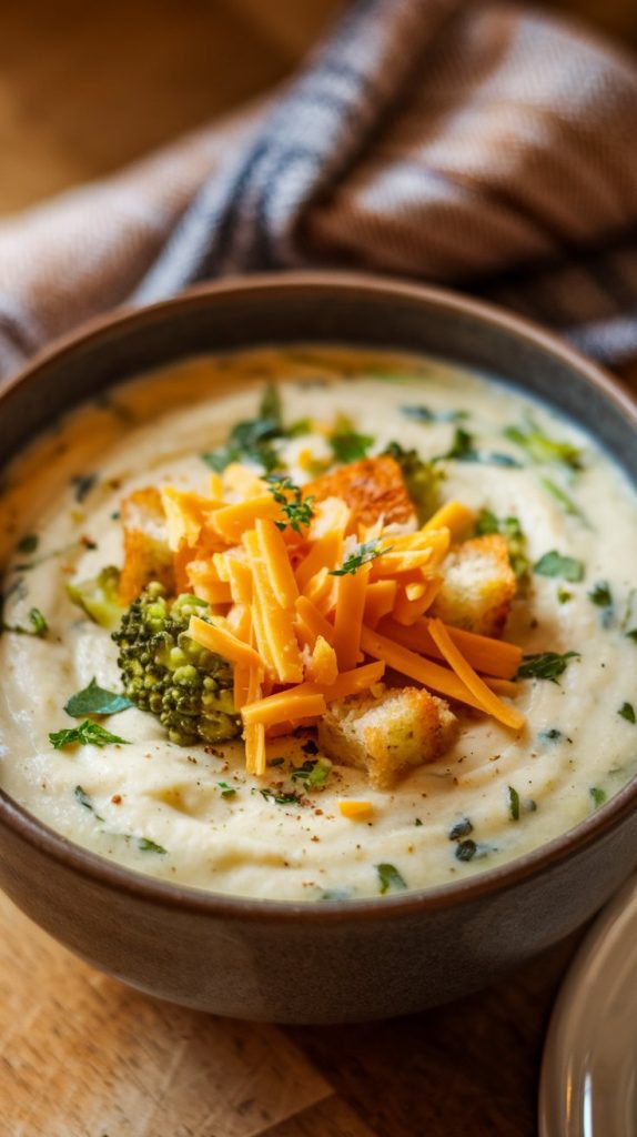 Bowl of potato broccoli cheddar soup, topped with shredded cheddar cheese, crispy croutons, and parsley