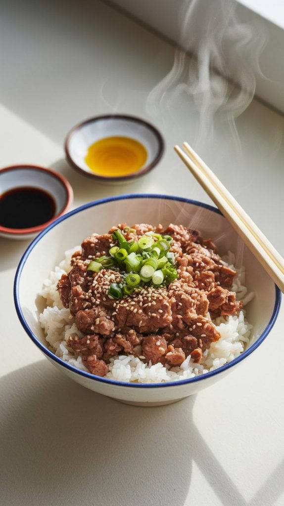 a plated serving of Asian ground beef over white rice, garnished with sesame seeds and green onions