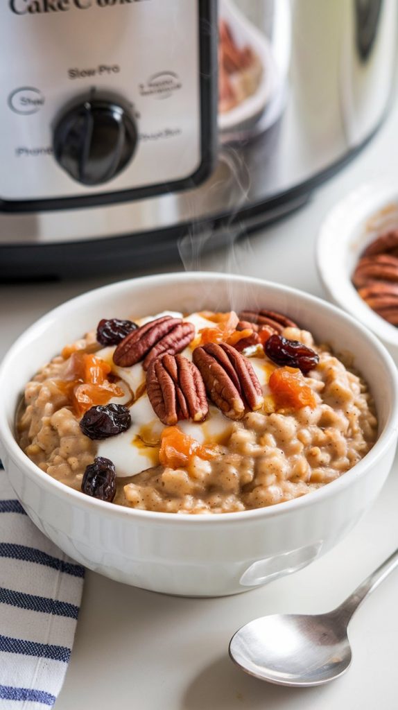 A bowl of steaming carrot cake oatmeal served with toppings like pecans, raisins