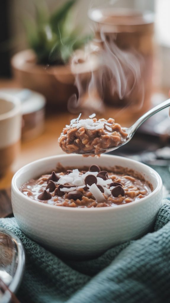 A bowl of steaming chocolate coconut oatmeal topped with shredded coconut and mini chocolate chips