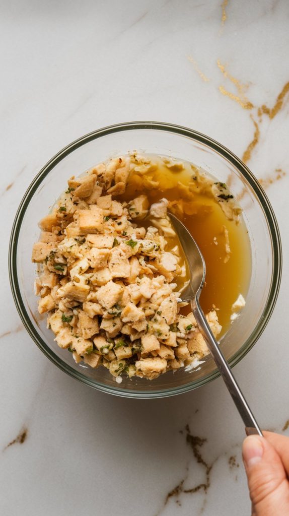 A bowl of stuffing mix being tossed with chicken broth, a spoon gently mixing the ingredients together