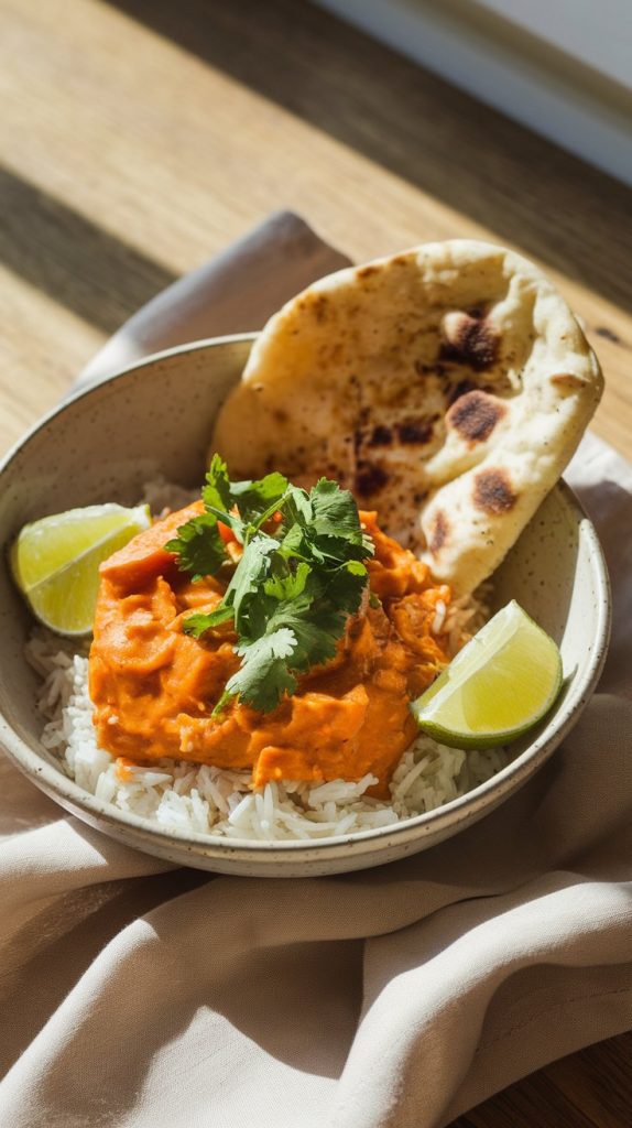 A bowl of sweet potato curry served over steamed jasmine rice, topped with fresh cilantro and lime wedges