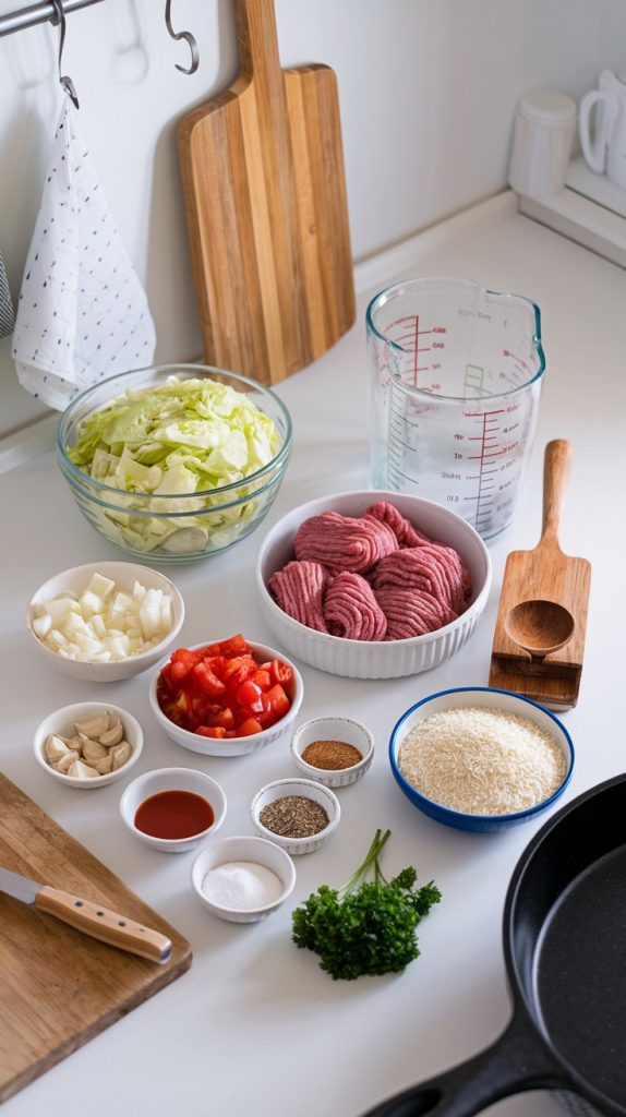 all the ingredients for Crockpot Cabbage Beef Bake