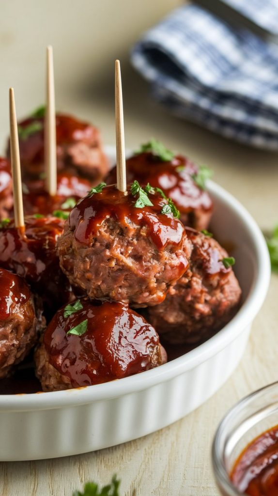 finished BBQ meatballs in a white serving dish