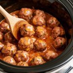 Mississippi Meatballs being stirred with a wooden spoon in the crockpot