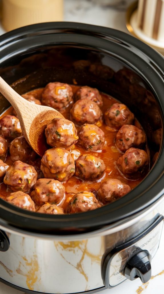 Mississippi Meatballs being stirred with a wooden spoon in the crockpot