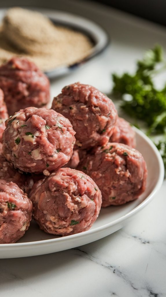 neatly rolled raw meatballs on a white plate