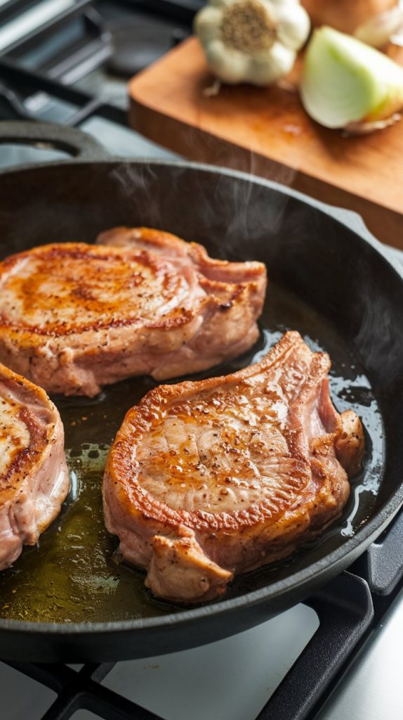 pork chops sizzling in a skillet with olive oil, edges golden and crisp