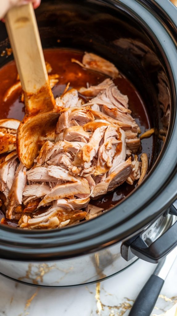 shredded chicken being mixed back into adobo sauce in the crockpot