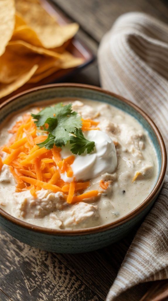 a bowl of creamy white chicken chili topped with cheese, sour cream