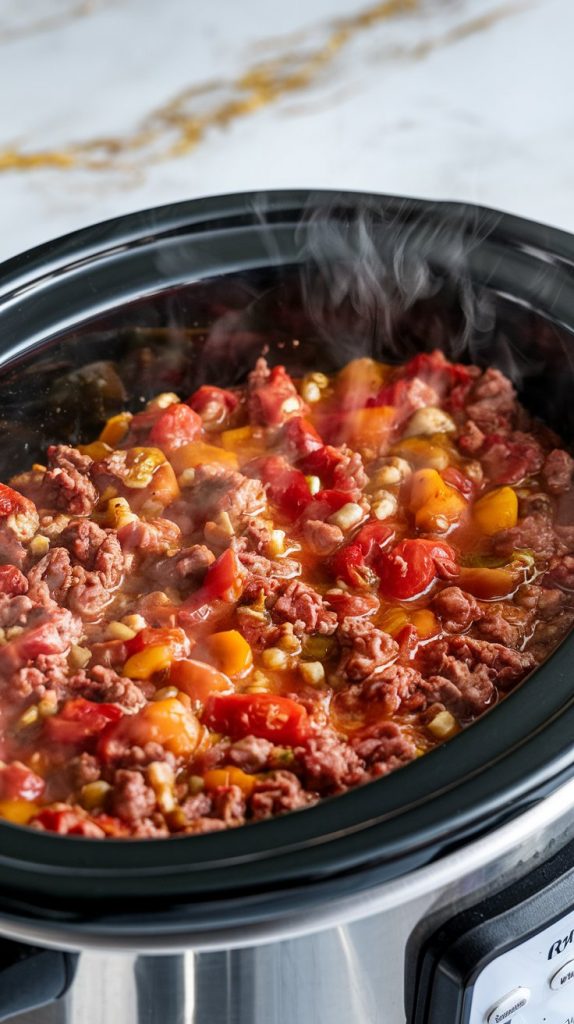 the crockpot mid-cooking, showing the bubbling mixture of ground beef