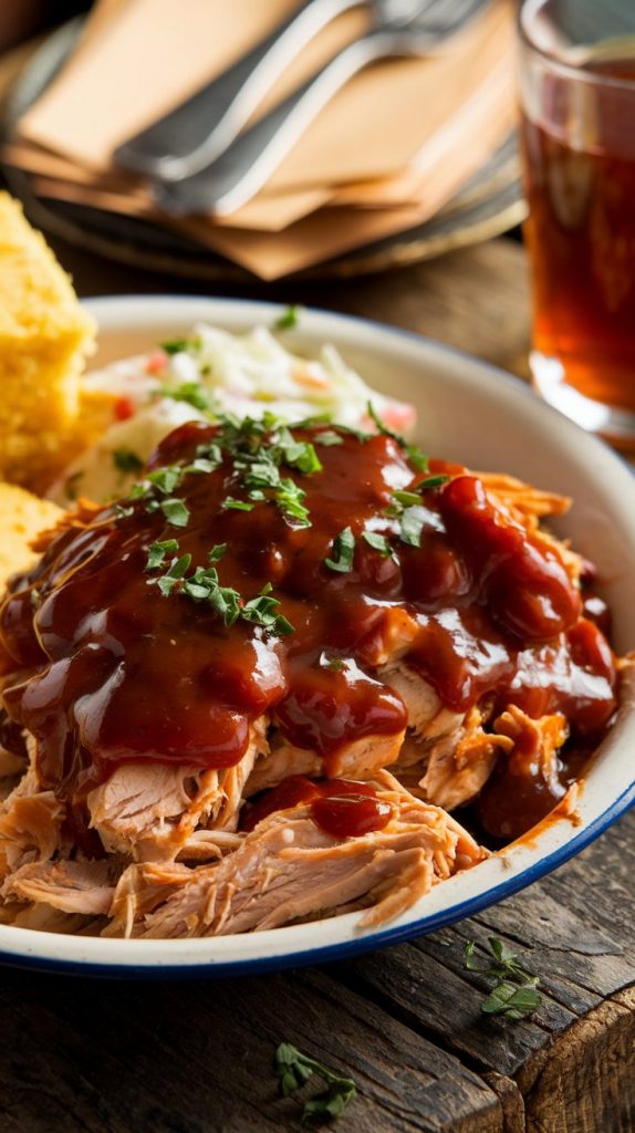 A close-up of juicy, tender shredded chicken smothered in BBQ sauce