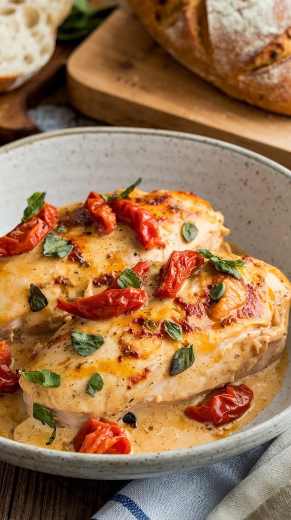 creamy Crockpot Marry Me Chicken served in a white shallow bowl