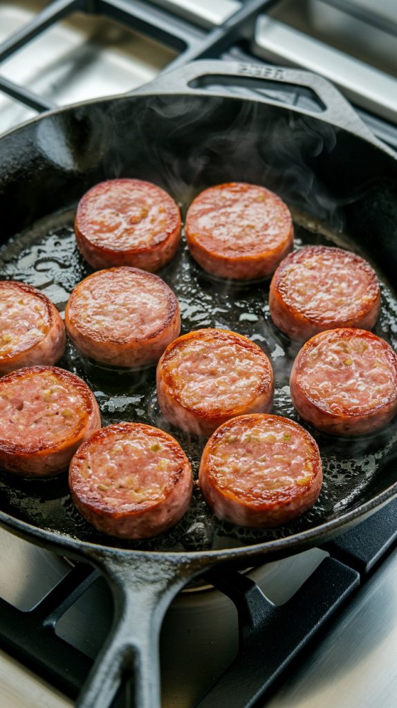 Slices of sausage sizzling and browning in a cast iron skillet