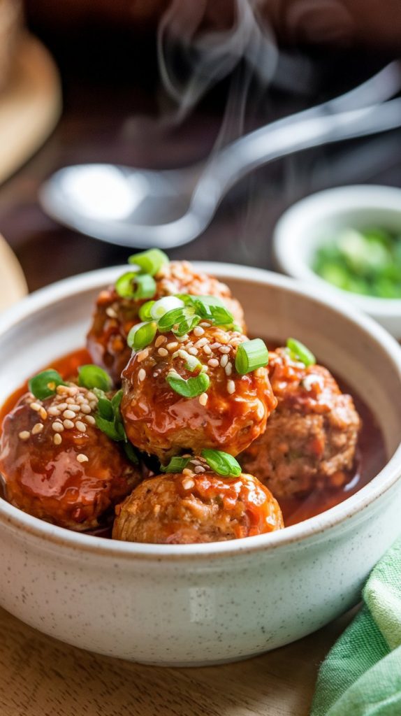 shot of sweet chili meatballs served in a white ceramic bowl