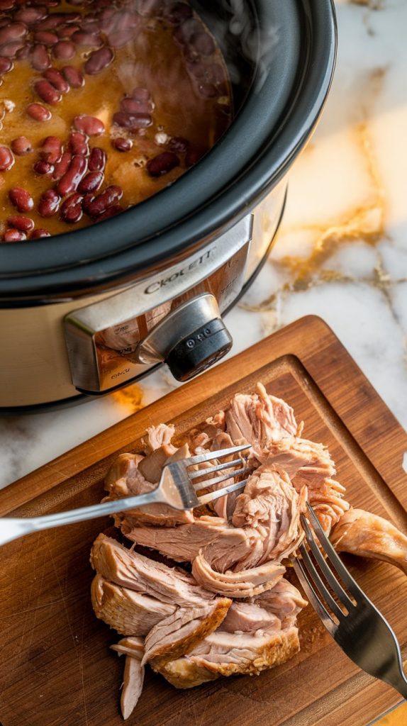 two forks shredding cooked chicken on a wooden cutting board