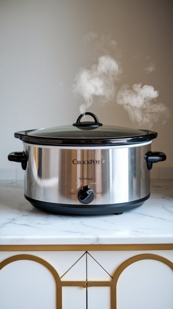 A closed crockpot with steam starting to rise, indicating it’s cooking