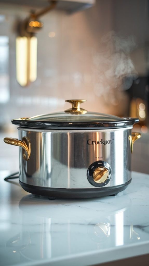 a closed crockpot on a kitchen counter, steam gently rising from the lid