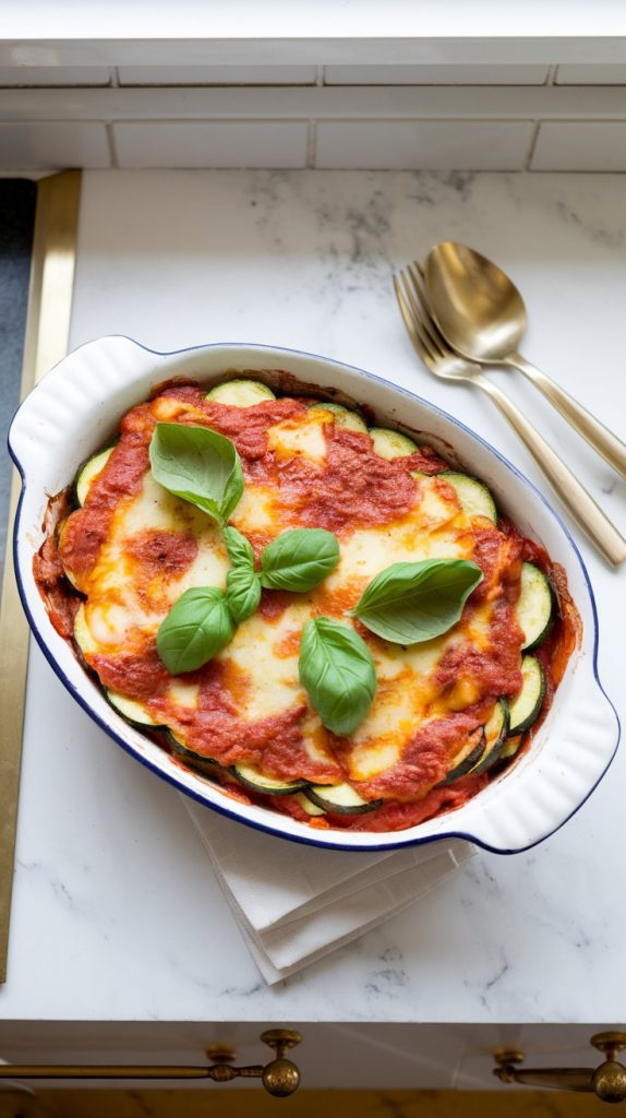 Cooked crockpot zucchini lasagna garnished with fresh basil leaves, served in a white dish